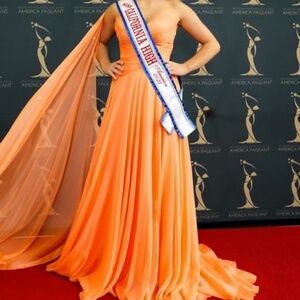 Sherri Hill Coral Chiffon Evening Gown with train and slit